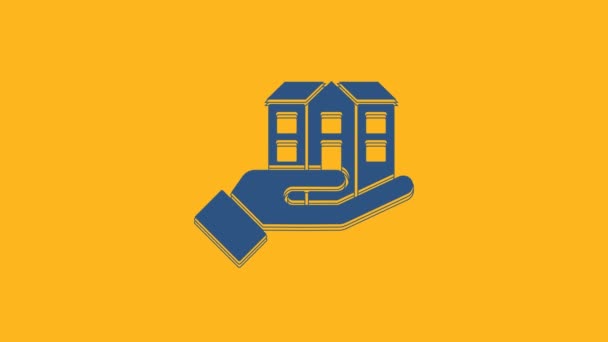 Blue House Hand Icon Isolated Orange Background Insurance Concept Security — 图库视频影像