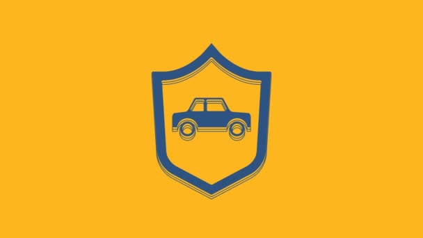 Modré Auto Ikonou Štítu Izolované Oranžovém Pozadí Pojištění Zabezpečení Bezpečnost — Stock video