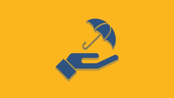Blue Umbrella Hand Icon Isolated Orange Background Insurance Concept Waterproof — 图库视频影像