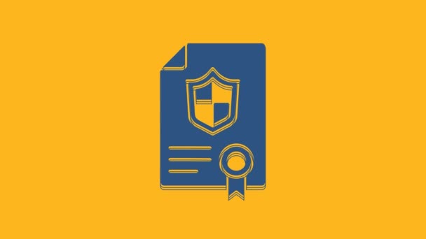 Blue Contract Shield Icon Isolated Orange Background Insurance Concept Security — Stockvideo