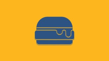 Blue Burger icon isolated on orange background. Hamburger icon. Cheeseburger sandwich sign. Fast food menu. 4K Video motion graphic animation .