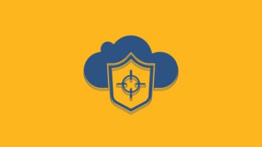 Blue Cloud and shield icon isolated on orange background. Cloud storage data protection. Security, safety, protection, privacy concept. 4K Video motion graphic animation .