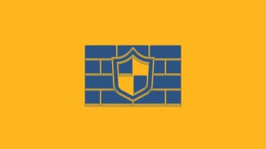 Blue Shield with cyber security brick wall icon isolated on orange background. Data protection symbol. Firewall. Network protection. 4K Video motion graphic animation .