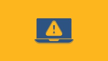 Blue Laptop with exclamation mark icon isolated on orange background. Alert message smartphone notification. 4K Video motion graphic animation .
