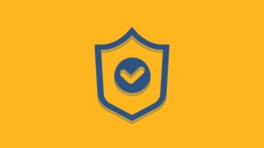 Blue Shield with check mark icon isolated on orange background. Protection symbol. Security check Icon. Tick mark approved icon. 4K Video motion graphic animation .
