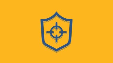 Blue Shield icon isolated on orange background. Guard sign. Security, safety, protection, privacy concept. 4K Video motion graphic animation .