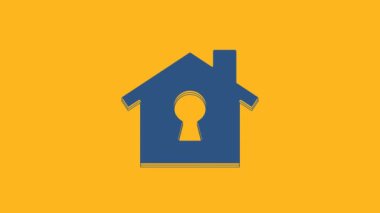 Blue House under protection icon isolated on orange background. Home and shield. Protection, safety, security, protect, defense concept. 4K Video motion graphic animation .