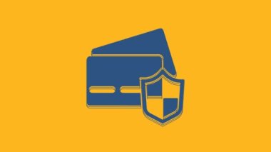 Blue Credit card with shield icon isolated on orange background. Online payment. Cash withdrawal. Financial operations. Shopping sign. 4K Video motion graphic animation .