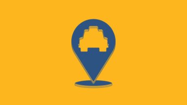 Blue Map pointer with taxi icon isolated on orange background. Location symbol. 4K Video motion graphic animation .
