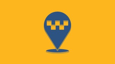 Blue Map pointer with taxi icon isolated on orange background. Location symbol. 4K Video motion graphic animation .