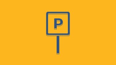 Blue Parking icon isolated on orange background. Street road sign. 4K Video motion graphic animation .