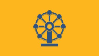 Blue Ferris wheel icon isolated on orange background. Amusement park. Childrens entertainment playground, recreation park. 4K Video motion graphic animation .