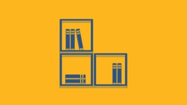 Blue Shelf with books icon isolated on orange background. Shelves sign. 4K Video motion graphic animation .