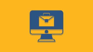 Blue Online working icon isolated on orange background. Freelancer man working on laptop at his house. Remote work. Distant job concept. 4K Video motion graphic animation .