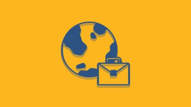 Blue Online working icon isolated on orange background. Freelancer man working on laptop at his house. Remote work. Distant job concept. 4K Video motion graphic animation .