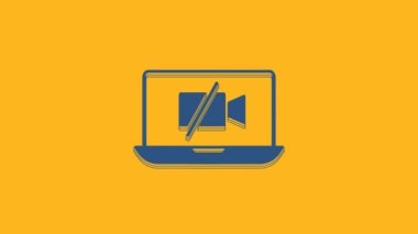 Blue Video camera Off on laptop screen icon isolated on orange background. No video. 4K Video motion graphic animation .