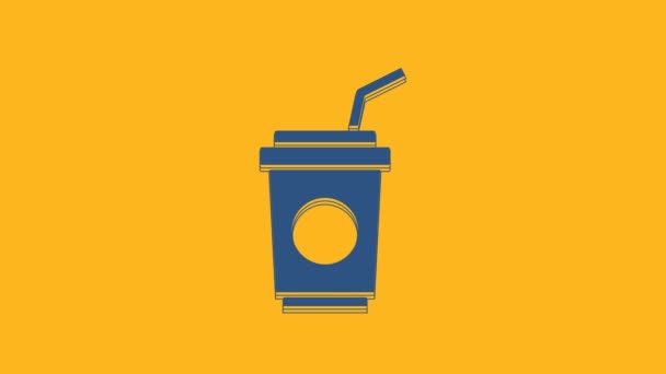 Blue Paper Glass Drinking Straw Water Icon Isolated Orange Background — Stok video