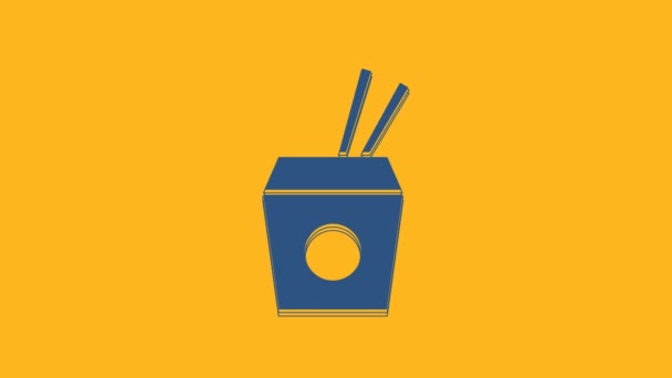 Blue Asian Noodles Paper Box Chopsticks Icon Isolated Orange Background — Stock video