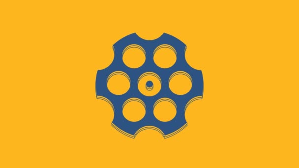 Blue Revolver Cylinder Icon Isolated Orange Background Video Motion Graphic — Stockvideo