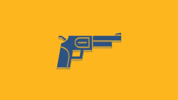 Blue Revolver Gun Icon Isolated Orange Background Video Motion Graphic — Vídeos de Stock