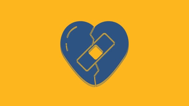 蓝色治愈破碎的心脏或离婚图标孤立的橙色背景 破碎和修补的心脏 爱情的象征情人节 4K视频运动图形动画 — 图库视频影像
