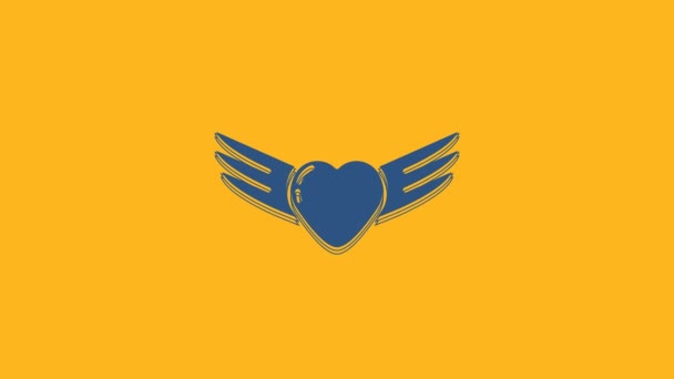 Corazón Azul Con Alas Icono Aislado Sobre Fondo Naranja Símbolo — Vídeo de stock