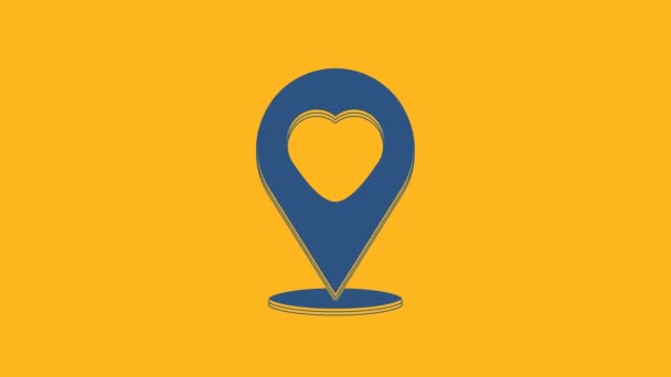オレンジ色の背景にハートアイコンが分離されたブルーマップポインタ バレンタインデー 愛の場所 ロマンチックな地図ピン 4Kビデオモーショングラフィックアニメーション — ストック動画