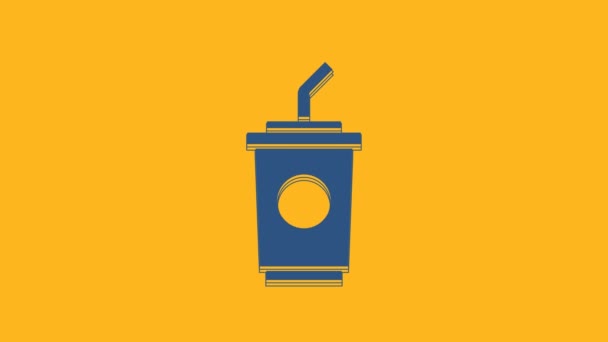 Blue Paper Glass Drinking Straw Water Icon Isolated Orange Background — Video