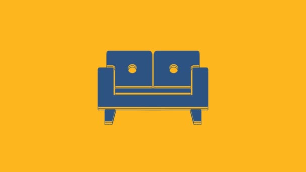 オレンジ色の背景に青いソファのアイコンが隔離されています 4Kビデオモーショングラフィックアニメーション — ストック動画
