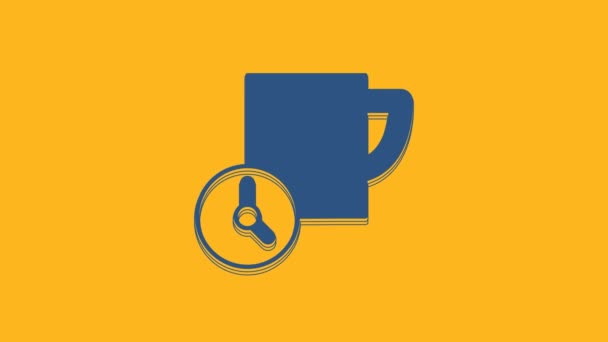 Синий Значок Управления Временем Выделен Оранжевом Фоне Часы Кофейная Чашка — стоковое видео
