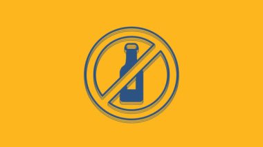 Blue No alcohol icon isolated on orange background. Prohibiting alcohol beverages. Forbidden symbol with beer bottle glass. 4K Video motion graphic animation .