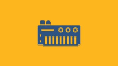 Blue Music synthesizer icon isolated on orange background. Electronic piano. 4K Video motion graphic animation .