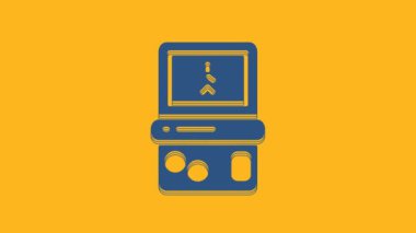 Blue Portable tetris electronic game icon isolated on orange background. Vintage style pocket brick game. Interactive playing device. 4K Video motion graphic animation .