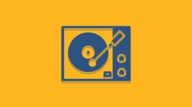 Turuncu arka planda izole edilmiş vinil disk simgesi olan Mavi Vinil oynatıcı. 4K Video hareketli grafik canlandırması .