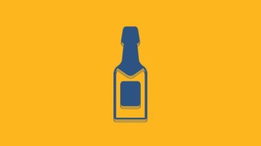 Blue Champagne bottle icon isolated on orange background. 4K Video motion graphic animation .