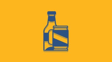 Blue Beer bottle and beer can icon isolated on orange background. 4K Video motion graphic animation .