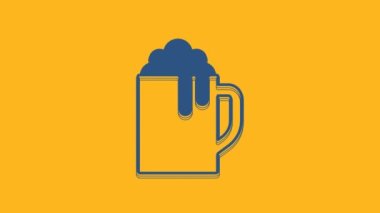 Blue Wooden beer mug icon isolated on orange background. 4K Video motion graphic animation .