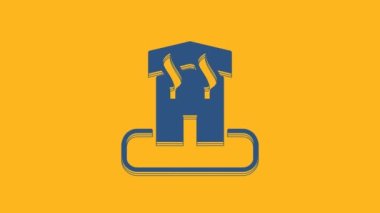 Blue Arson home icon isolated on orange background. Fire in building. Flames from office windows. Burn facility. Spontaneous disaster. 4K Video motion graphic animation .