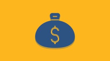 Mavi Para Çantası simgesi turuncu arka planda izole edildi. Dolar ya da USD sembolü. Nakit bankacılık tabelası. 4K Video hareketli grafik canlandırması .