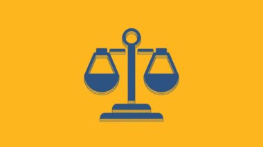 Blue Scales of justice icon isolated on orange background. Court of law symbol. Balance scale sign. 4K Video motion graphic animation .