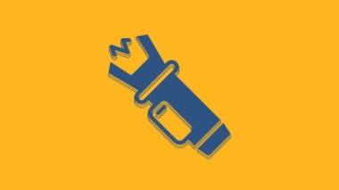 Blue Police electric shocker icon isolated on orange background. Shocker for protection. Taser is an electric weapon. 4K Video motion graphic animation .