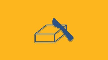 Blue Butter in a butter dish icon isolated on orange background. Butter brick on plate. Milk based product. Natural dairy product. 4K Video motion graphic animation .