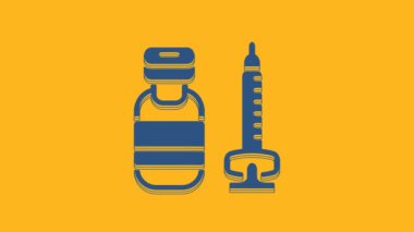 Blue Medical syringe with needle icon isolated on orange background. Vaccination, injection, vaccine, insulin concept. 4K Video motion graphic animation .