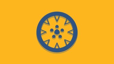 Blue Alloy wheel for a car icon isolated on orange background. 4K Video motion graphic animation .