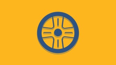 Blue Alloy wheel for a car icon isolated on orange background. 4K Video motion graphic animation .