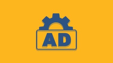 Mavi reklam simgesi turuncu arkaplanda izole edildi. Pazarlama ve tanıtım süreci kavramı. İlgili reklamlar. Sosyal medya reklamcılığı. 4K Video hareketli grafik canlandırması .