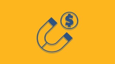 Blue Magnet with money icon isolated on orange background. Concept of attracting investments. Big business profit attraction and success. 4K Video motion graphic animation .