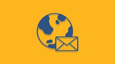 Blue Earth globe with mail and e-mail icon isolated on orange background. Envelope symbol e-mail. Email message sign. 4K Video motion graphic animation .