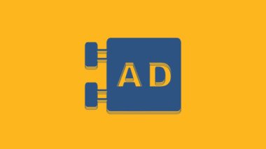 Mavi reklam simgesi turuncu arkaplanda izole edildi. Pazarlama ve tanıtım süreci kavramı. İlgili reklamlar. Sosyal medya reklamcılığı. 4K Video hareketli grafik canlandırması .