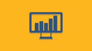 Blue Computer monitor with graph chart icon isolated on orange background. Report text file. Accounting sign. Audit, analysis, planning. 4K Video motion graphic animation .